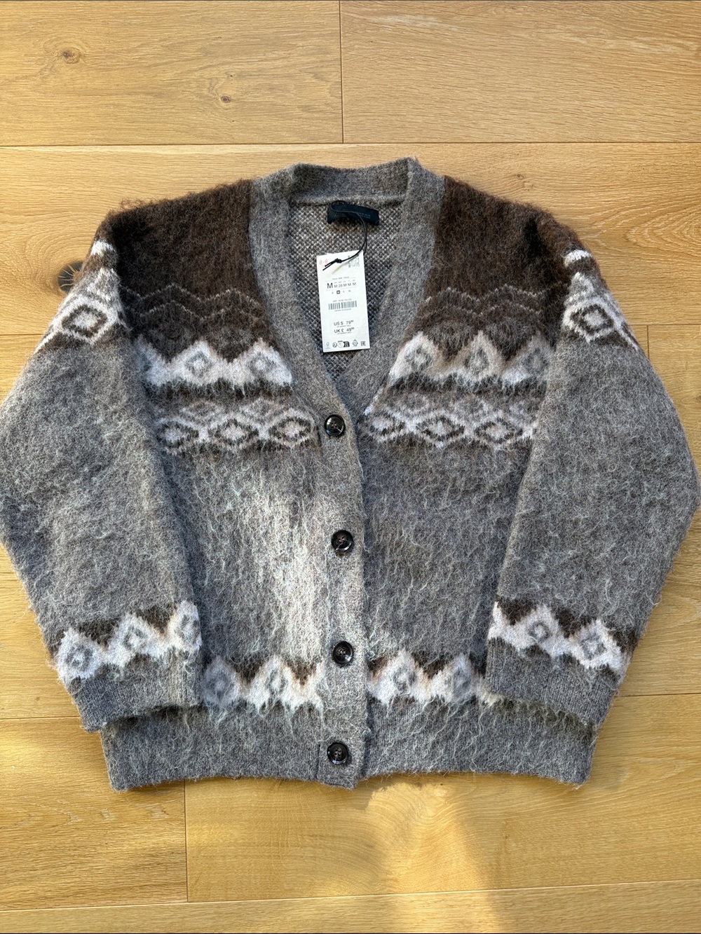 Zara Grey and Brown Patterned Mohair Blend Cardigan
